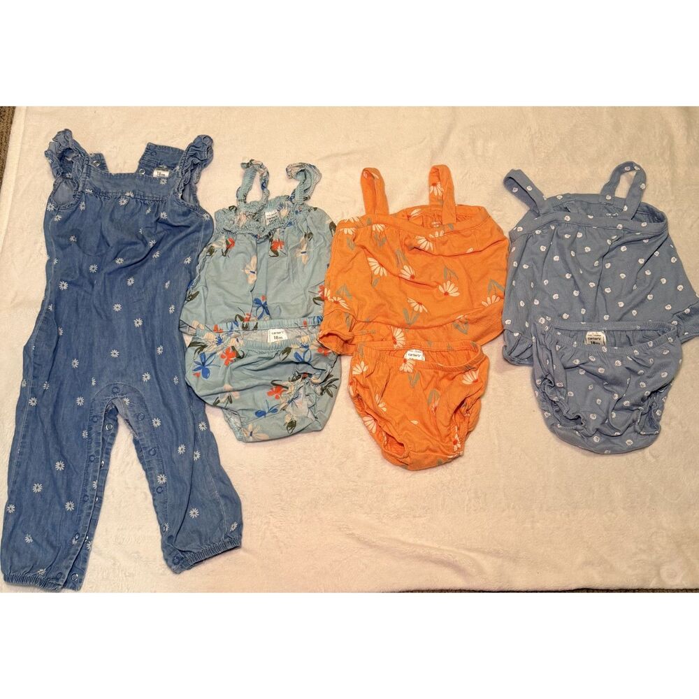 Carter's Baby Girl 18 Months Summer Bundle 3 Short Sets and Floral Denim Romper